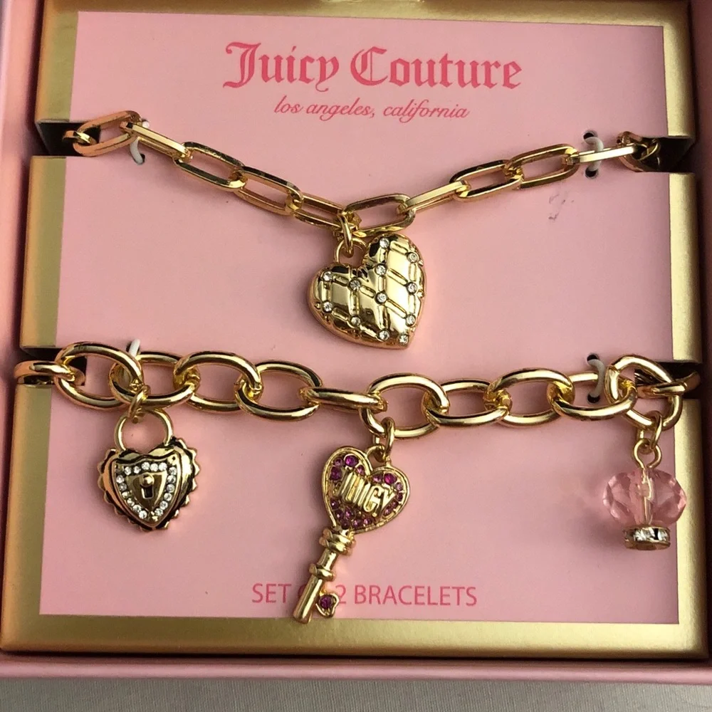 Juicy Couture Gold Tone Charm Bracelet Set Quilted Heart, Key & Lock Charms NIB